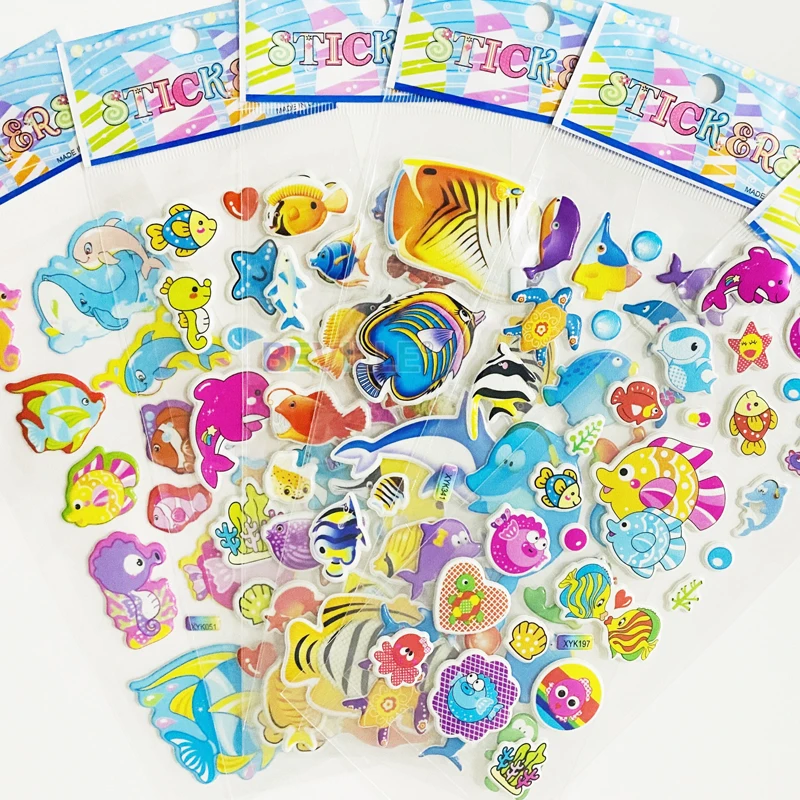 

6Sheets/Set 3D Cartoon Sea Fishes Animal Stickers Cute Bubble PVC Scrapbooking Stationery Decorative Sticker For Boys Girls Toys