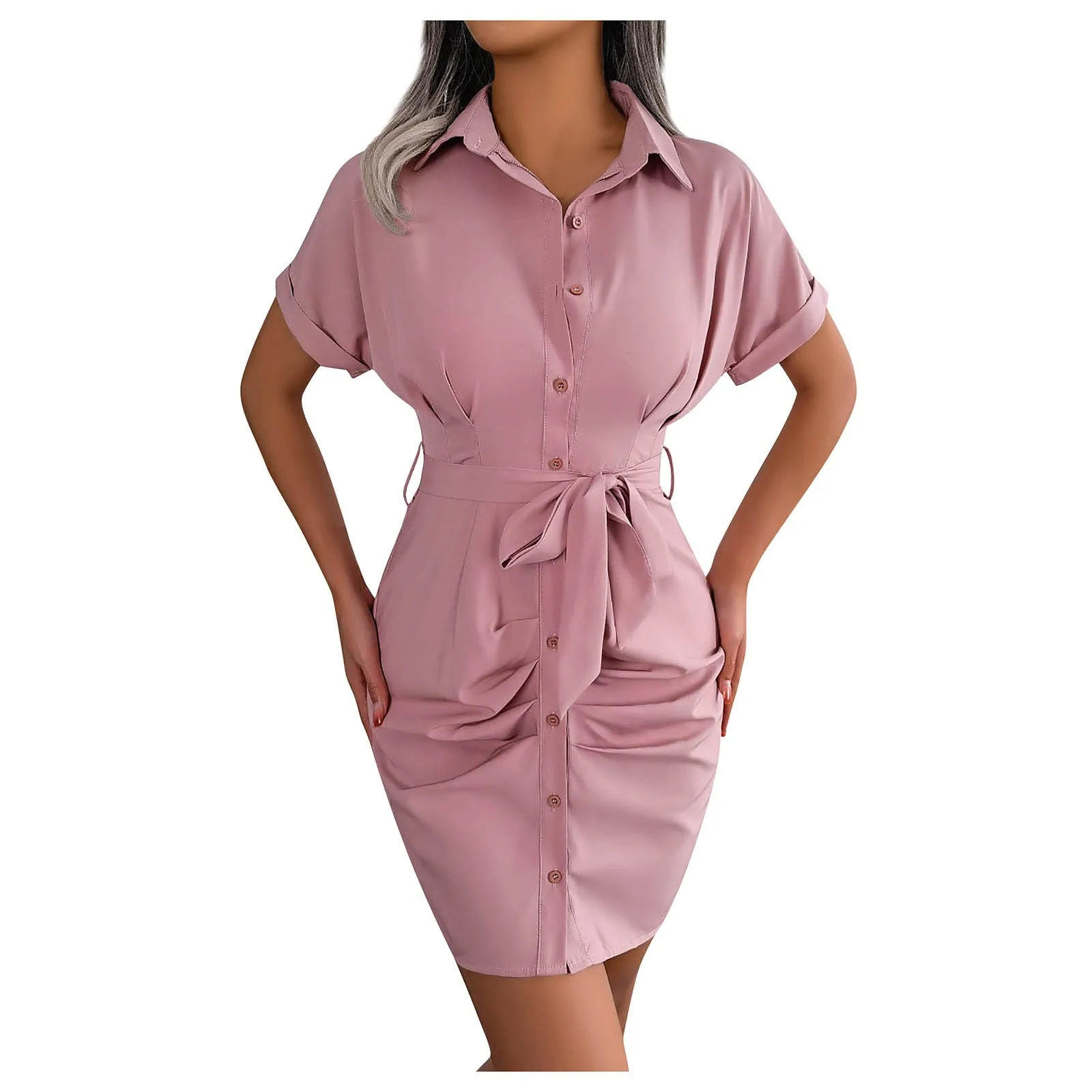 

Women's Casual Solid Color Short-sleeved Waist Pleated Shirt Dress luxury evening dresses 2024 платье женское летнее traf 2024