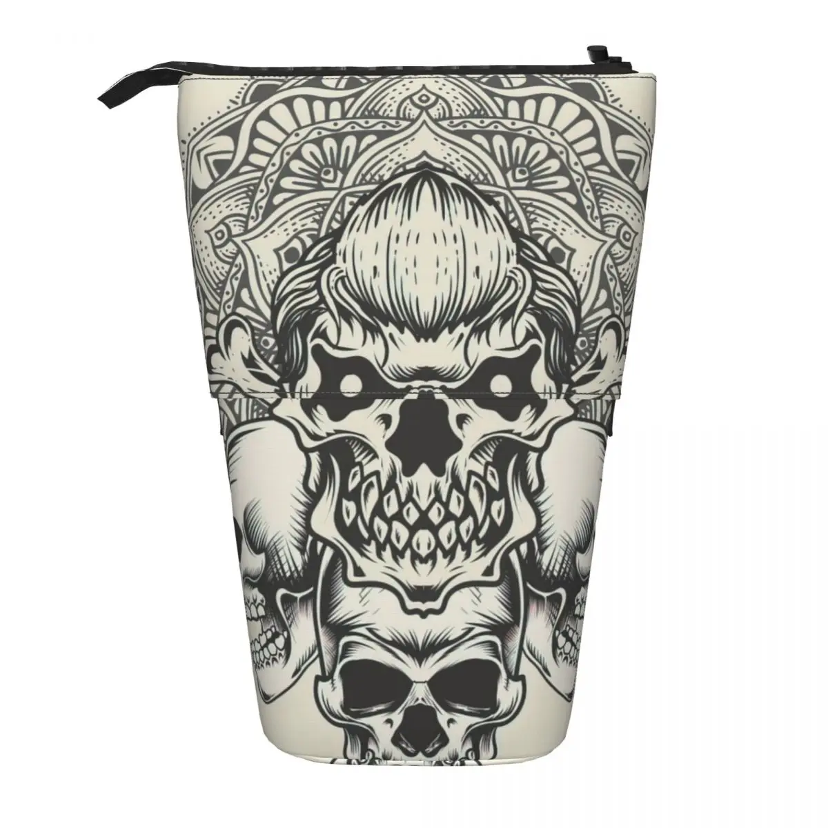 

Skull With Vintage Circle Mandala Pen Box Student School Zipper Pen Bag Pencase Vertical Retractable Pencil Case