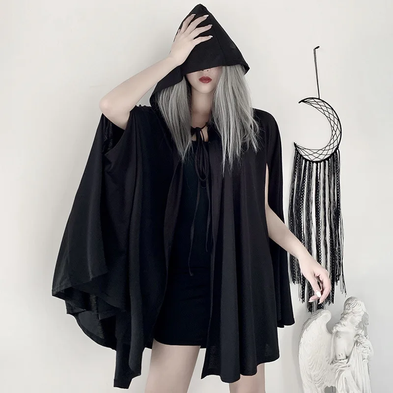 Harajuku Black Jacket Goth Clothes Dark Brother Halloween Priest Cloak Vampire Coat Lolita Hooded Windbreaker Cloak Female