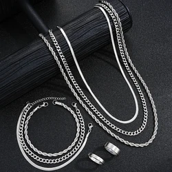 Sleek Stainless Steel Silver Jewelry Set - Unisex Punk Vintage Ring, Necklace, and Bracelet Combo (AY6238701HB)