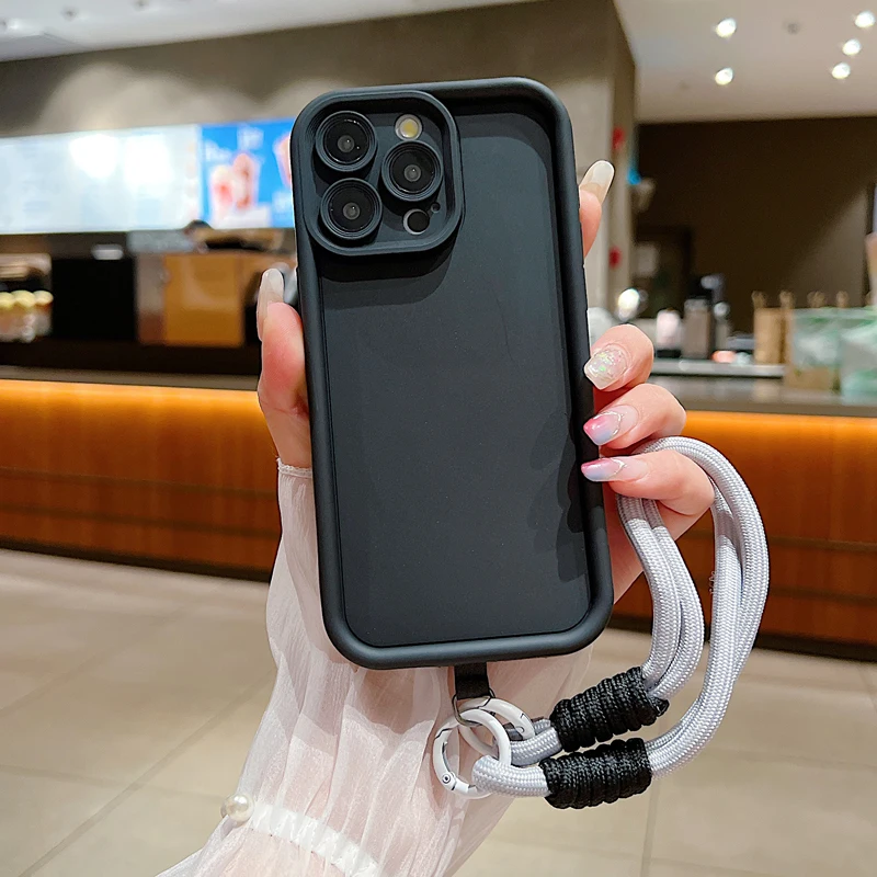 thumbnail image 1 of Funda de teléfono de lujo con cordón suave mate para iPhone 15, 14, 13, 12, 11, 16 Pro Max, X, XS Max, XR, 7, 8 Plus, correa de mano, funda a prueba de golpes, 1 of 4