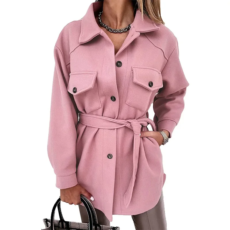 Autumn and Winter New 2024 Products Ladies Lapel Long-sleeved Single-breasted Lace Woolen Mid-length Coat Trendy Casual Jacket