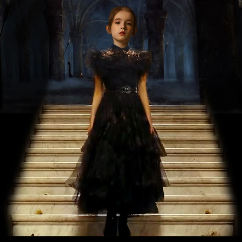 Wednesday Black Lace Halloween Dress Up Girl's Birthday Party Performance Dress New Girl Role Playing 4-12 Years Old