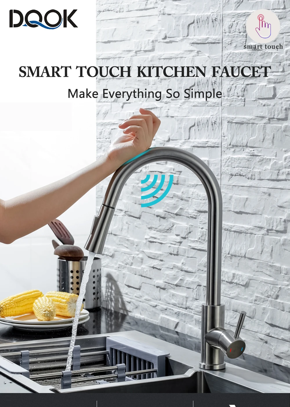 DQOK Kitchen Faucet Pull Out  Brushed Nickle Sensor Stainless Steel Black Smart Induction Mixed Tap Touch Control Sink Tap small kitchen sink