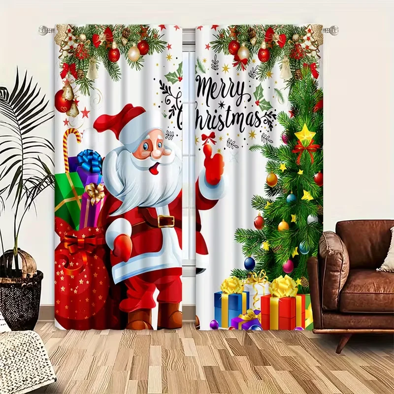 2pcs Santa & Gift Christmas Curtains Cheerful Design Polyester Window ...