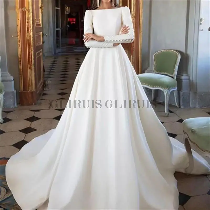 

Elegant Ivory Satin Long Sleeve Wedding Dress 2022 Noiva Simple Style A Line Long Sleeve Wedding Bridal Gowns Robe de Mariee