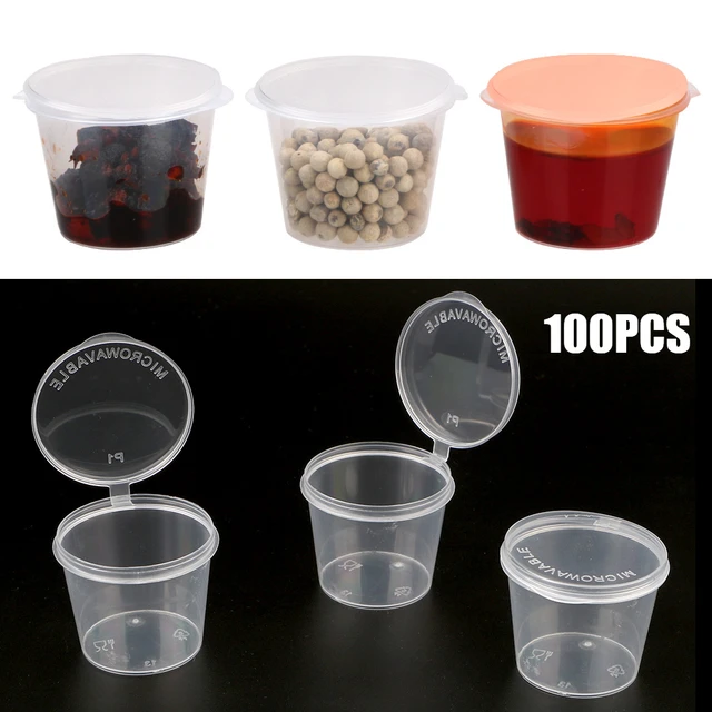 Small Plastic Sauce Cups Food Storage Containers Clear Boxes + Lids