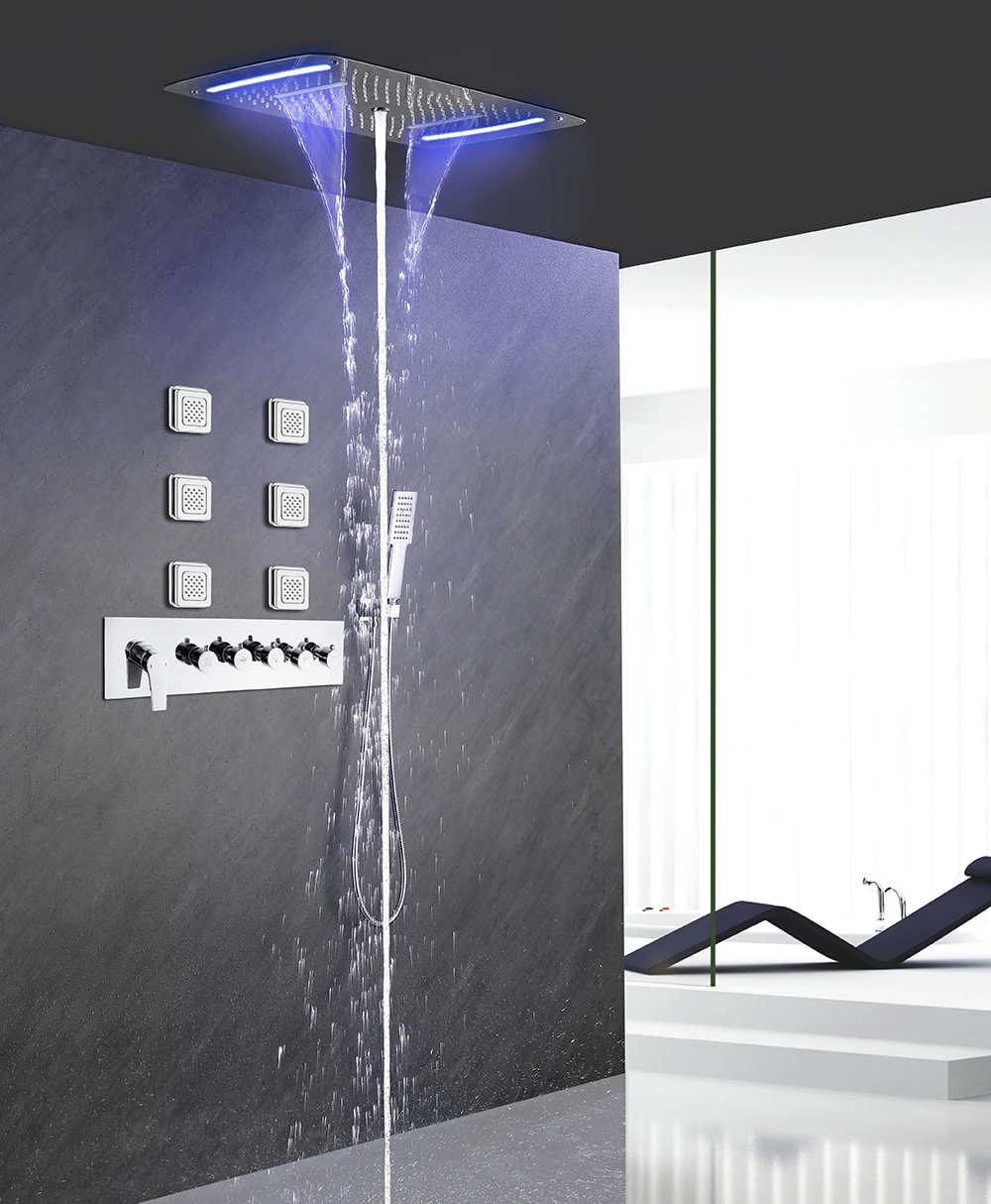

Silver Ceiling Mounted Showerhead Set with Temperature Control Knob Waterfall Feature Wall Spray Bubble Jet Nozzle LED Lights