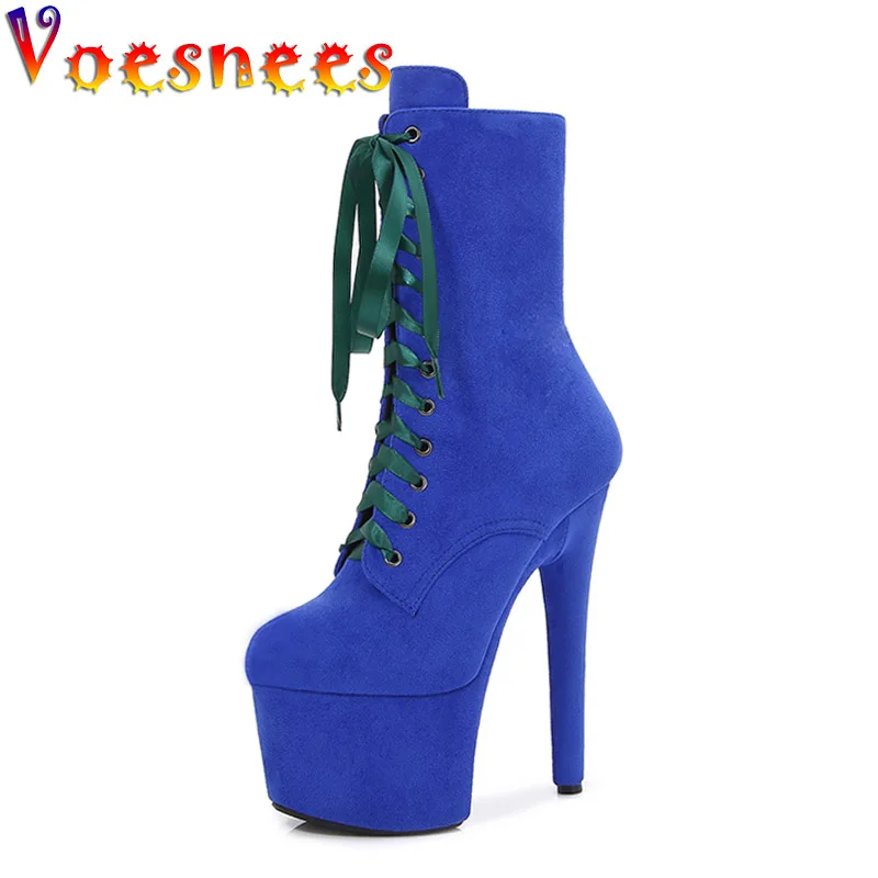 

Super High Nightclub Stripper High Heels Waterproof Platform Sexy Pole Dance Short Boots Blue Lace Shoelaces Suede Women Shoes
