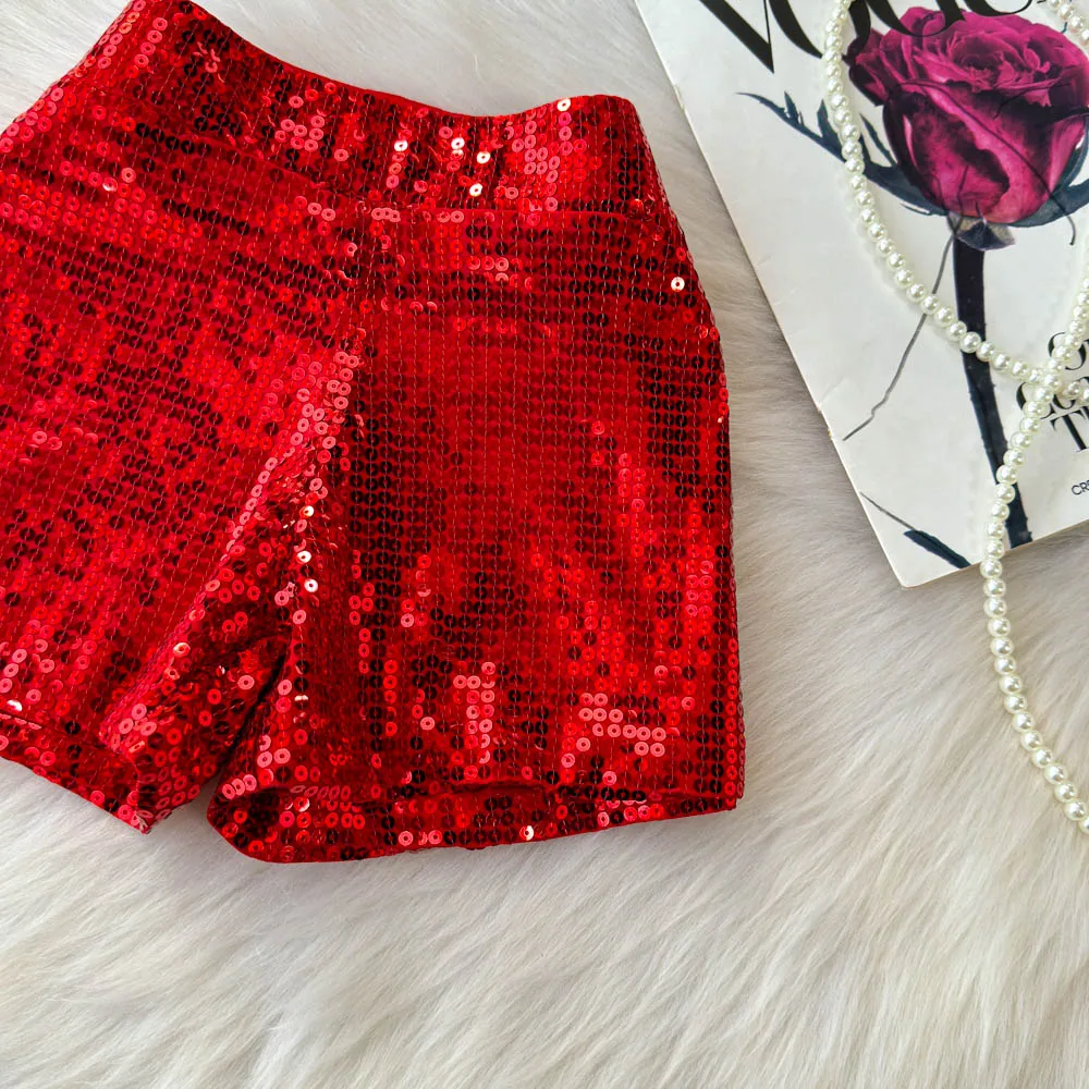Basics Vintage High Waist Chic Glitter Sequin Short Pants Hotsweet Fashion Streetwear Club High Street Women Casual Clothing