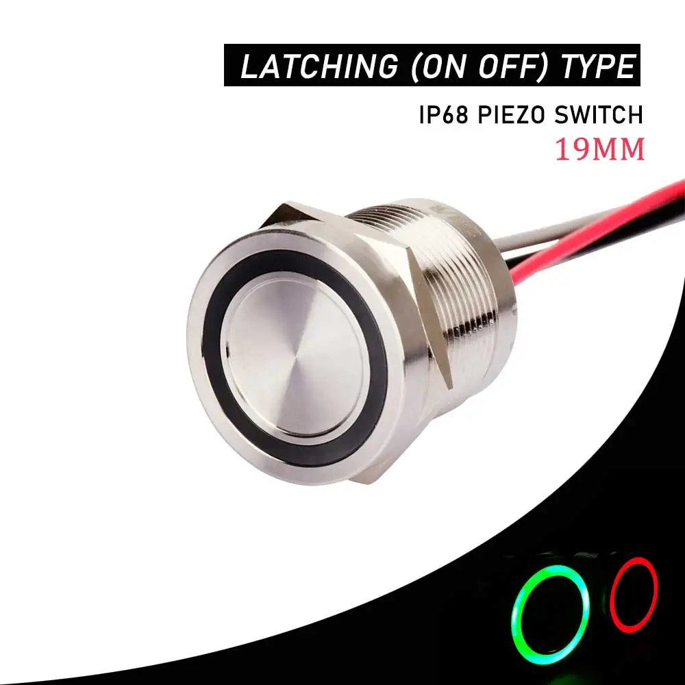 Interruptor Piezo Iluminado Led Vermelho e Verde tipo de Travamento Botão Ip68 5v 12v 24v 19 mm