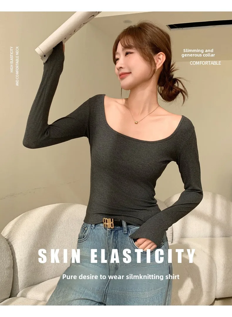 Frühling Sommer Großer U-Ausschnitt Damen T-Shirt Slim Fit Lässiger Koreanischer Stil Y2K Top Fadenstoff Basis-Shirt für Zuhause – Detail 9