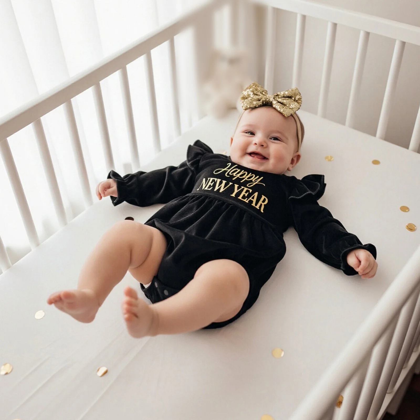 Abbigliamento per bambini Ragazza Capodanno Pagliaccetto Stampa di lettere Manica lunga Velluto Tuta per neonato con fascia per capelli con fiocco in paillettes Vestiti per neonati - immagine 5