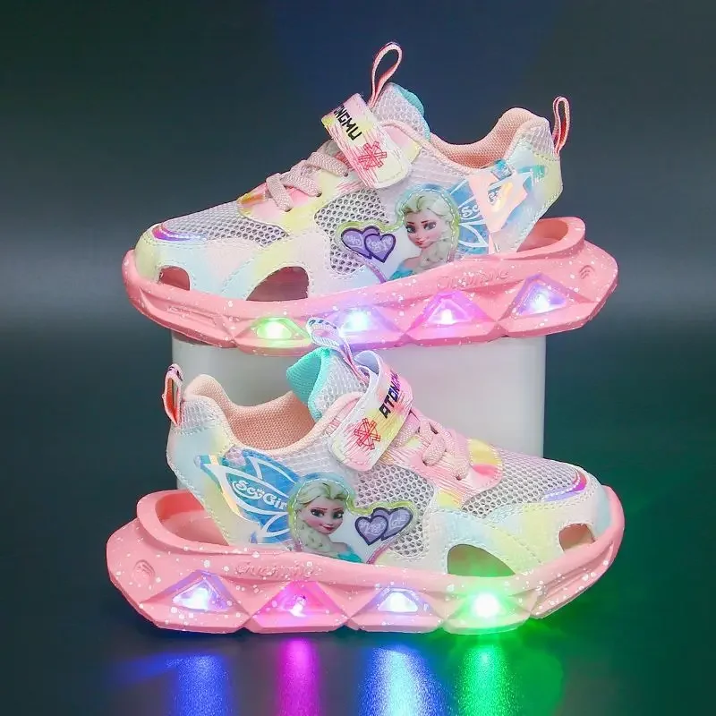 

Disney with led light children's sports casual shoes girls summer new elsa Princess hollowed out anti-kick girls baotou sandals