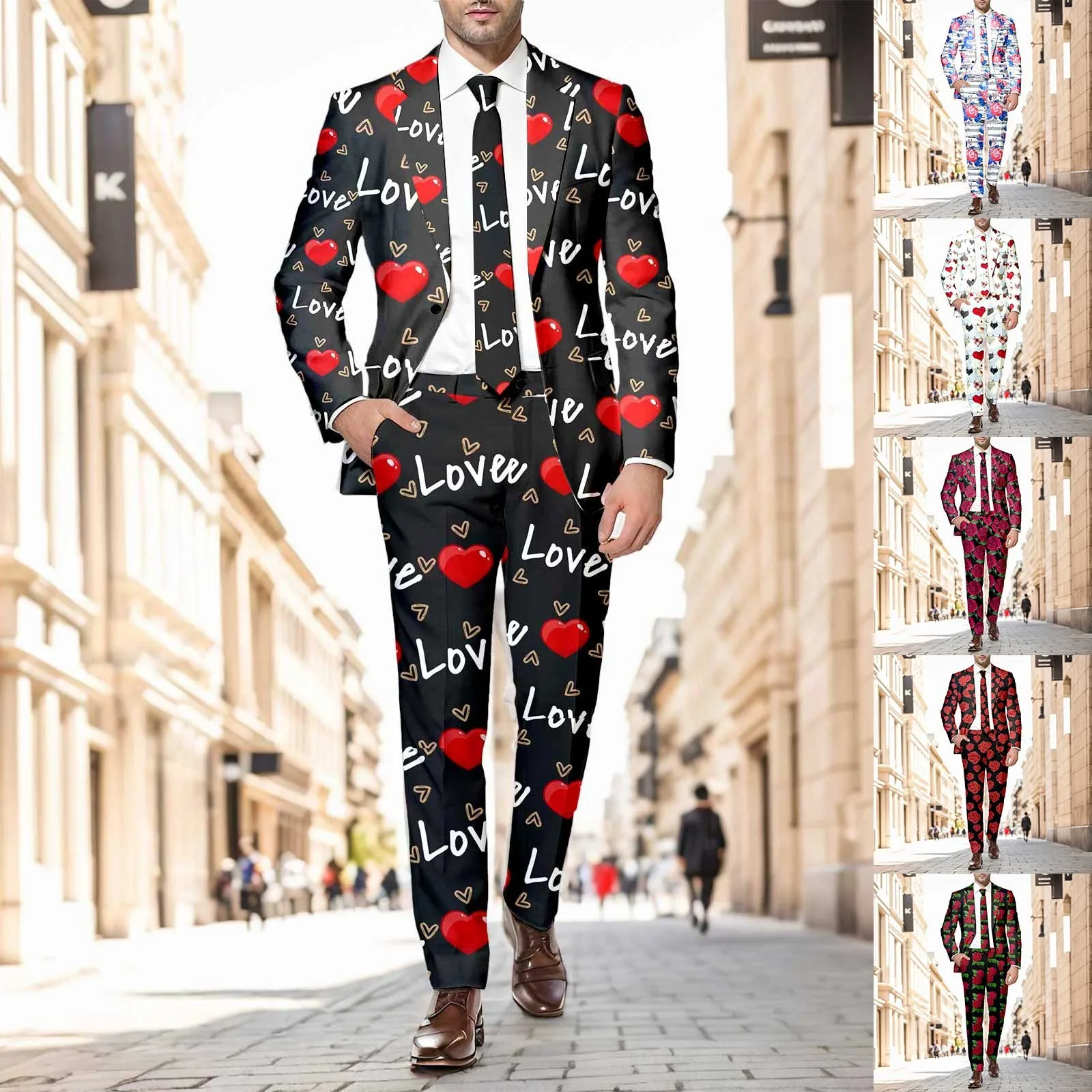 Men Blazer Pants Red Love Heart Print Slim Fit One Button Pockets Suit Set Men Clothes Business Suit Jacket Trousers Outfit