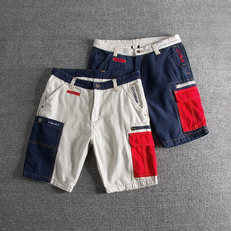 

Summer Men Shorts Trend Contrast Stitching Washed Multi-Pocket Slim Cargo Cotton Youth Steetwear Hip-Hop Male Pants Clothes