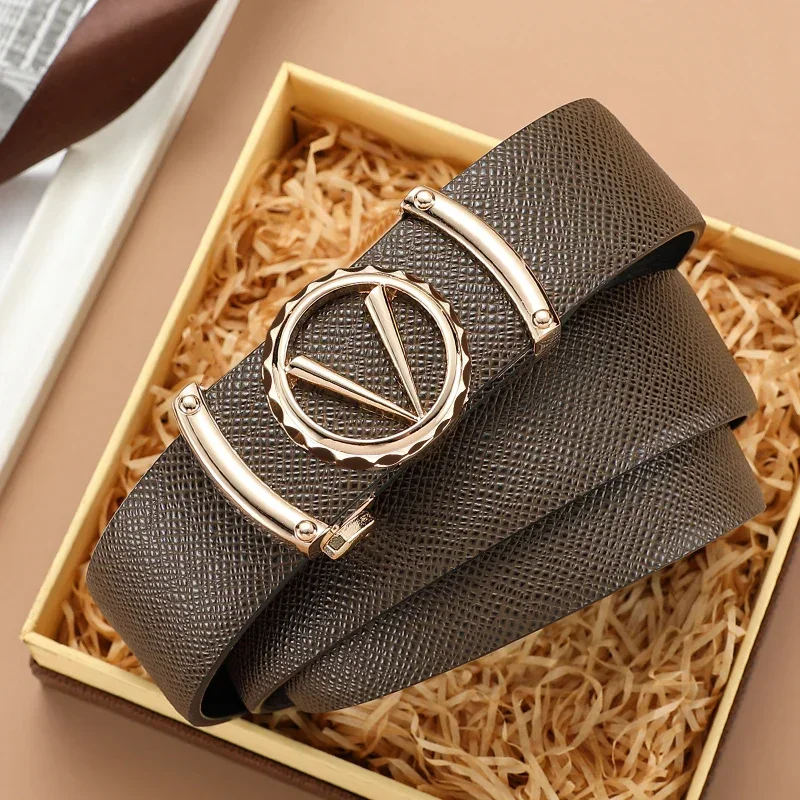 2024 New Brown V Letter Leather Automatic Buckle Belt Men's Casual Designer Belt Boy Fashion High-Quality Belts