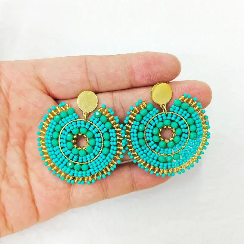 

Beaded earrings Roundness Hollow out Originality Crystal Tide Simple Hand knitting Bohemia Alloy Geometry Rice bead earrings
