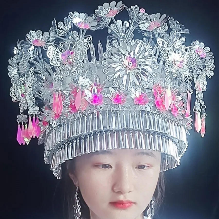 

4 Colors Miao Silver Hat Minority Nationality Headdress For Adults Vintage Dance Headwear Ornaments Beautiful