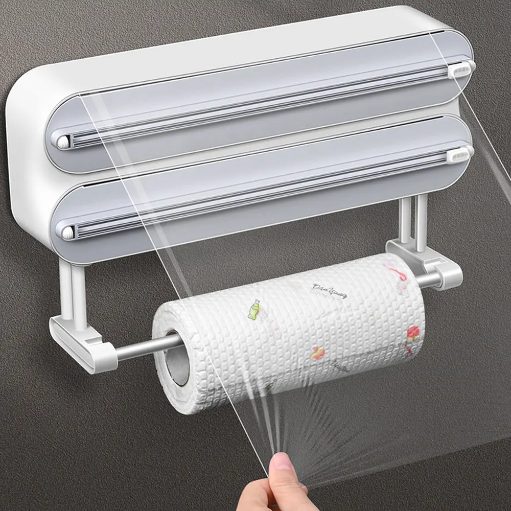 Plastic Wrap Dispenser Magnetic & Self adhesive Cling Film Dispenser Cutter Kitchen Tool 2
