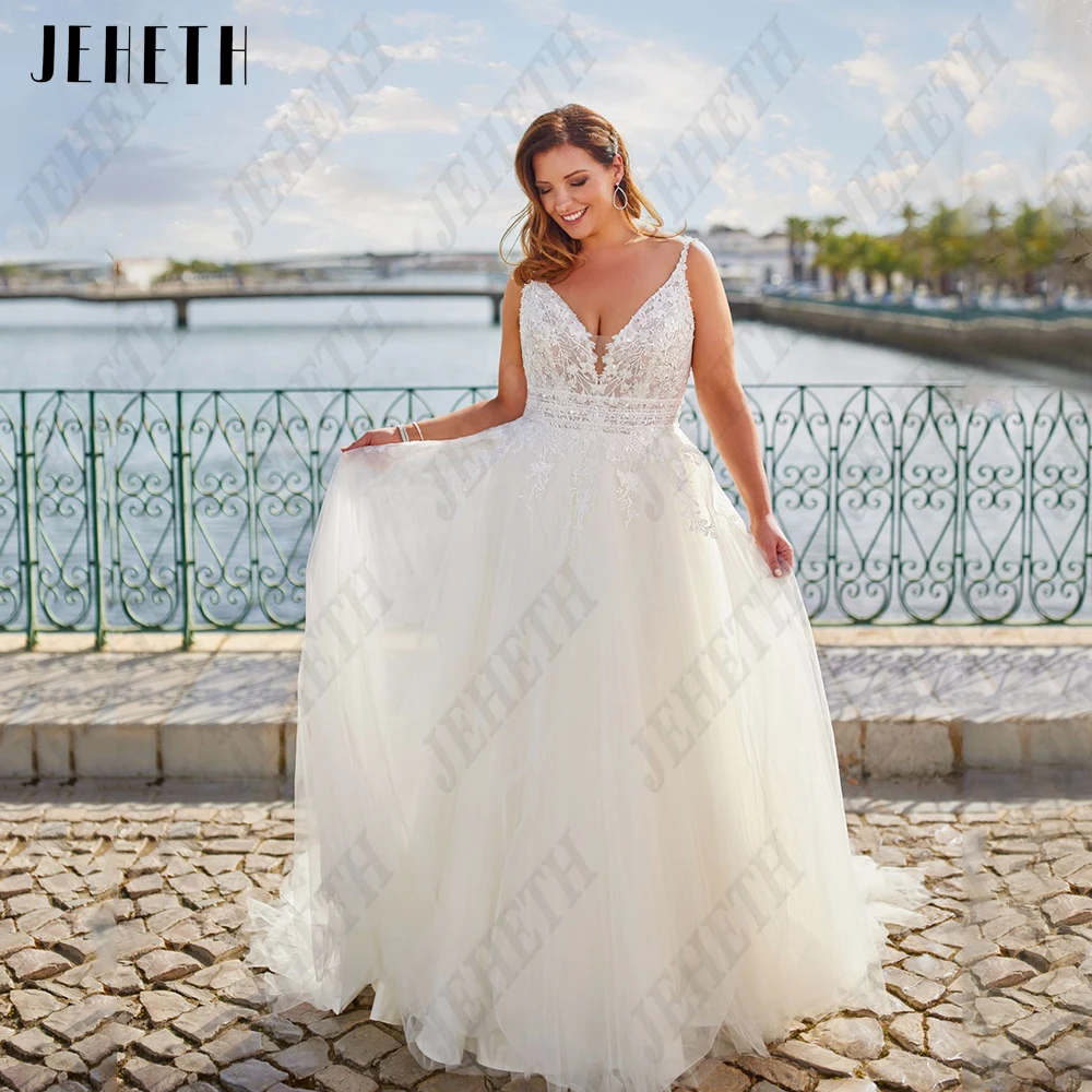 

JEHETH Modern Spaghetti Strapless Wedding Dresses Plus Size V-Neck Sleeveless A-Line Bride Gowns Lace Applique vestidos de novia