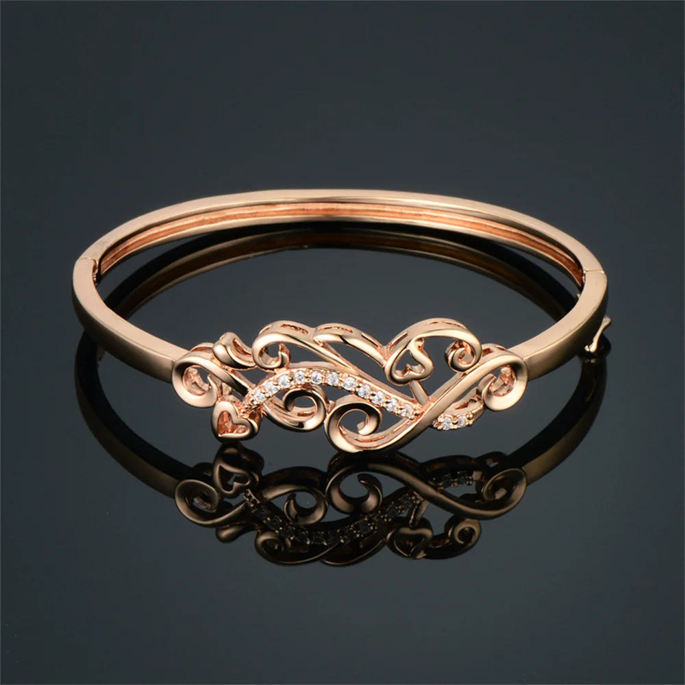 Trendy Flower Heart Metal Cubic Zircon Bangle Bracelet for Women Rose Gold Plated Bangles Party Jewelry Gift 5