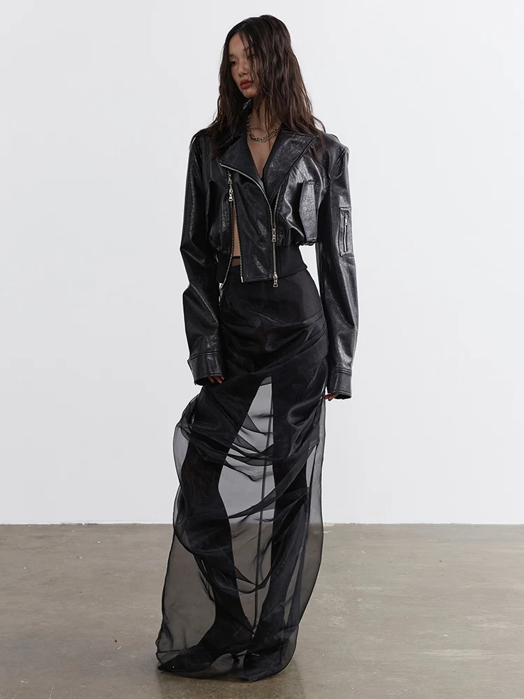 [EAM] High Waist Black Pleated Mesh Irregular Long Elegant Half-body Skirt Women Fashion Tide New Spring Autumn 2026 1DH4715