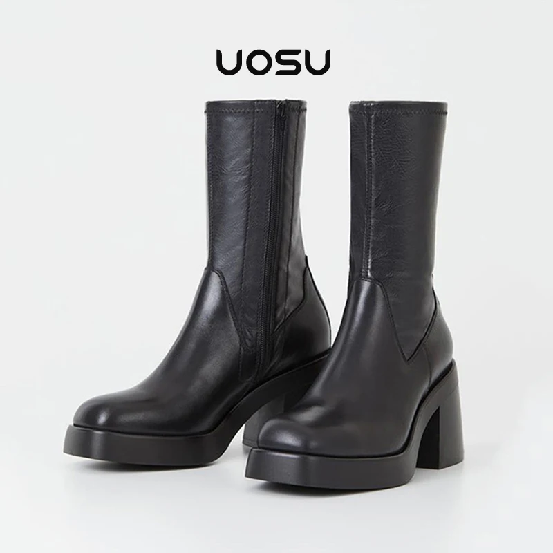 

Ankle Boots Women Strechable Zip Square Toe Splite Leather High Heels Platform Chunk Sexy Ladies Chelsea Shoes