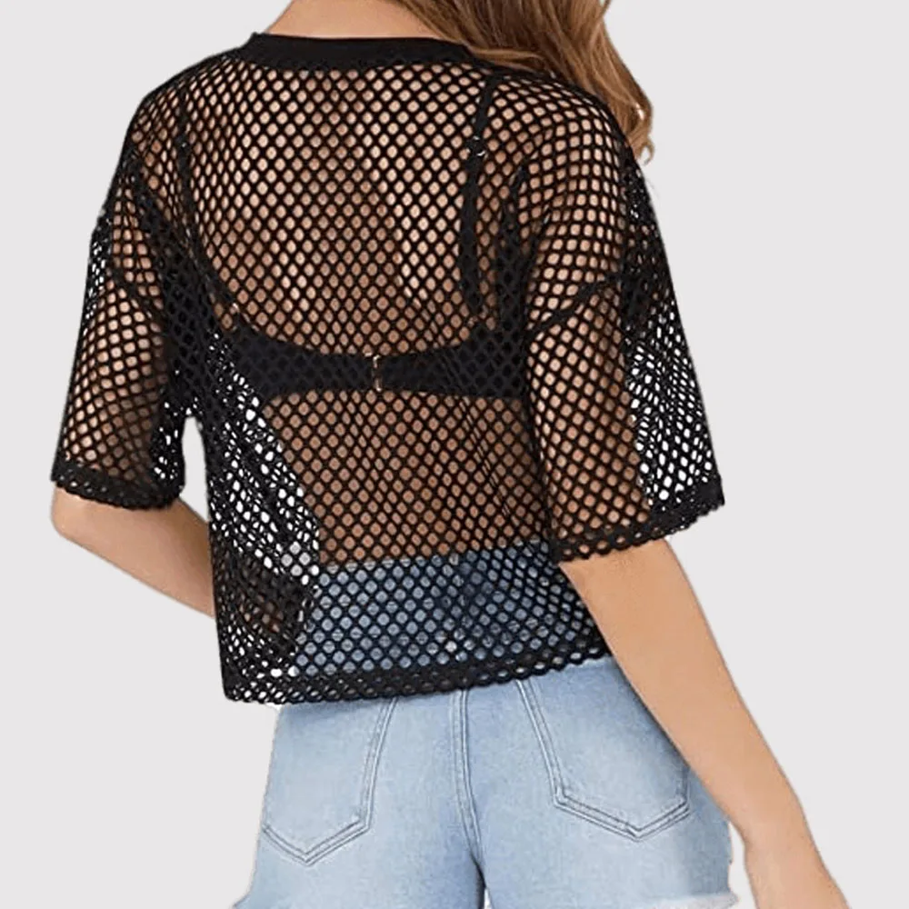 Black Cropped Fishnet Tee Top Short Sleeve O Neck Sexy Loose Fit
