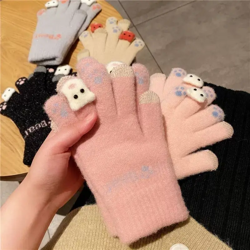 Korean Winter Warm Touch Screen Gloves Women Cute Smiling Face Outdoor Mittens Plush Fleece Velvet Imitation Cashmere Gloves winter female cashmere warm suede leather cycling mittens double thick velvet plush wrist women touch screen driving gloves