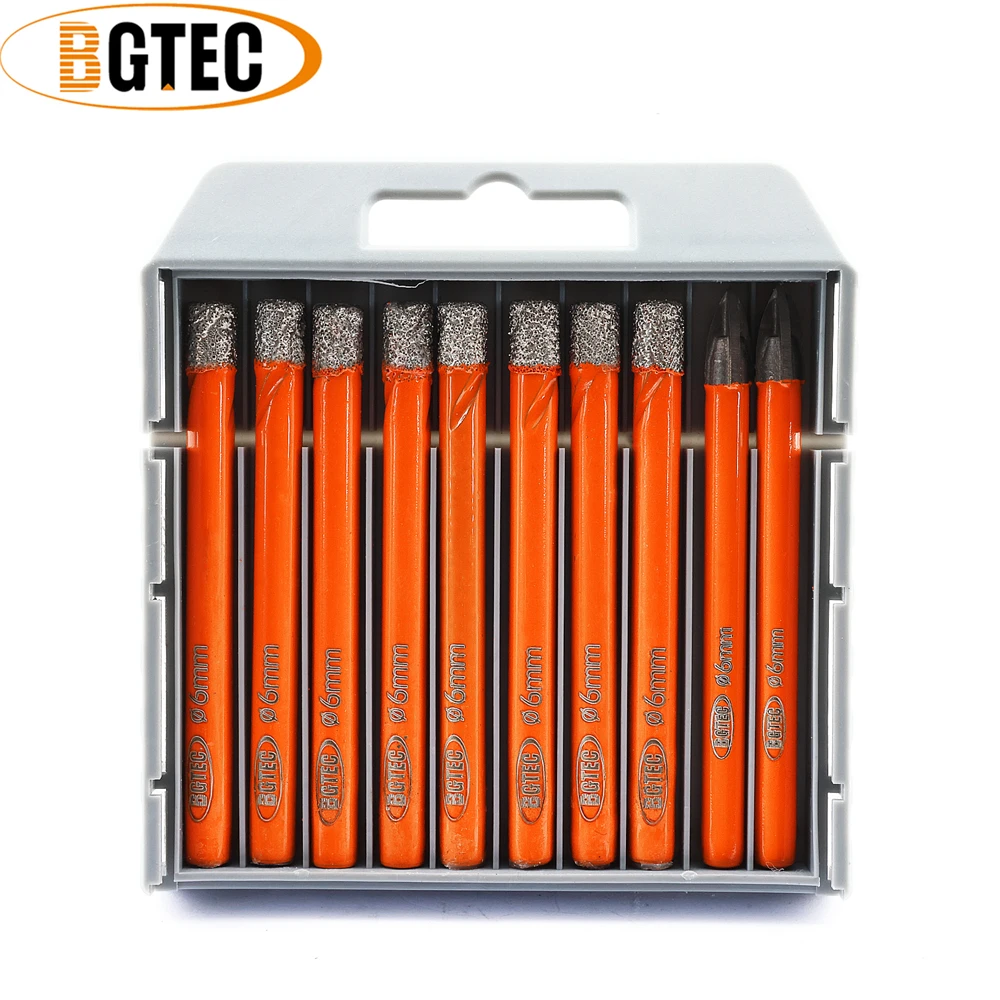 BGTEC 6mm Diamond Drill Bits Core Kit with Box 8pcs Drilling Tile Core Bits+2pcs Cross Hole Opener Ceramic Marble Round Shank