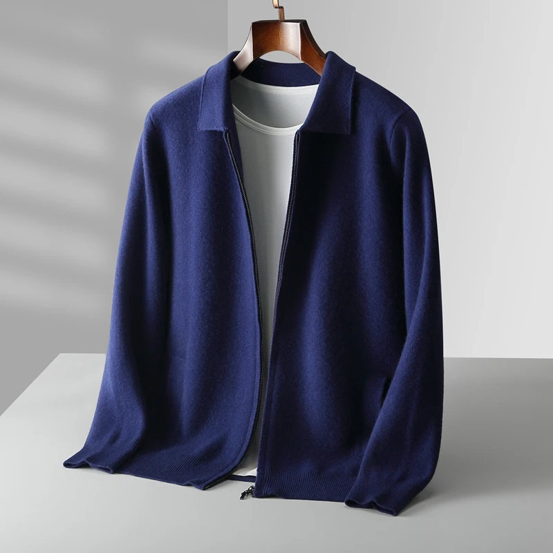 Cardigan en laine mérinos pour homme, 100% laine, avec fermeture éclair, veste épaissie, pull à manches longues, chemise à revers, automne et hiver 2023
