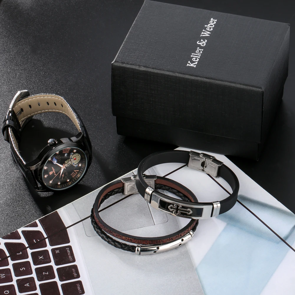 Creative Men's Watches Luxury Original Watch Bracelets Gift Set Box Quartz Leather Waterproof Calendar Wristwatch for Men Gifts