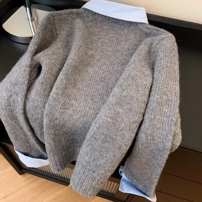 New Fake Two Shirts Collar Sweater Women's Autumn Contrasting Color Gray Knit Sweater Pullover Sweaters Warm Knitwear Female 4