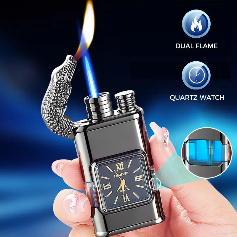 Windproof Lighter Vintage Watch Bezel Jet Dual Flame Torch Inflatable Gas Lighter Metal Quartz Dial Watch NO Gas