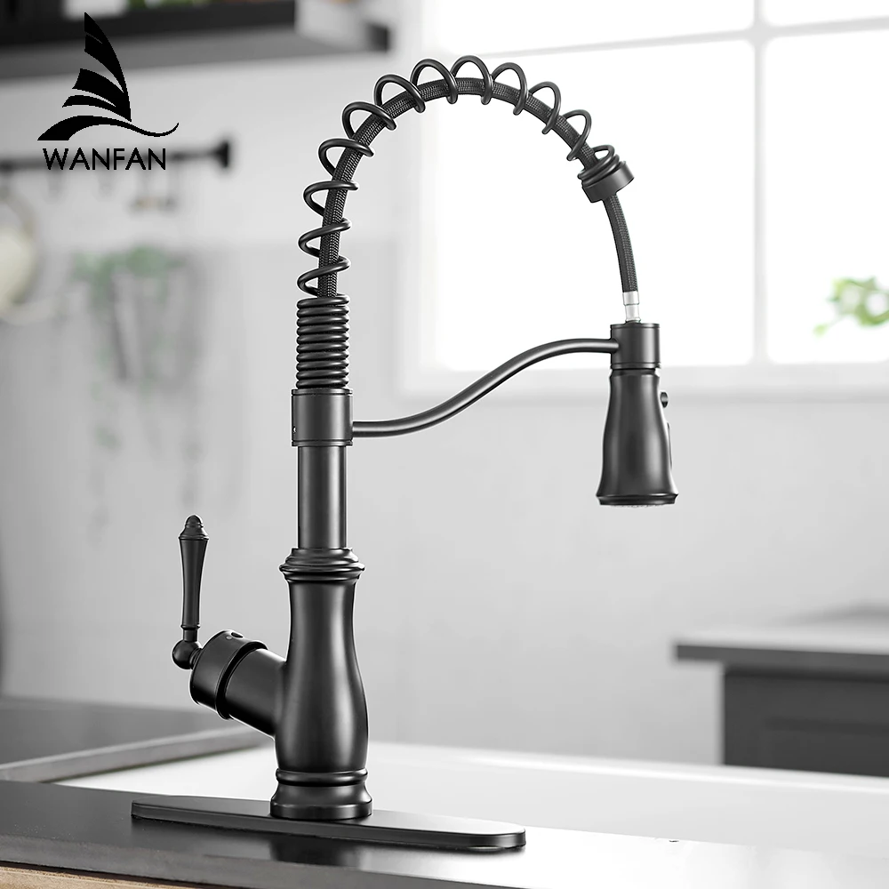 

Kitchen Faucets Black Brass Faucets for Kitchen Sink Single Lever Pull Out Spring Spout Mixers Tap Hot Cold Water Crane 866020R