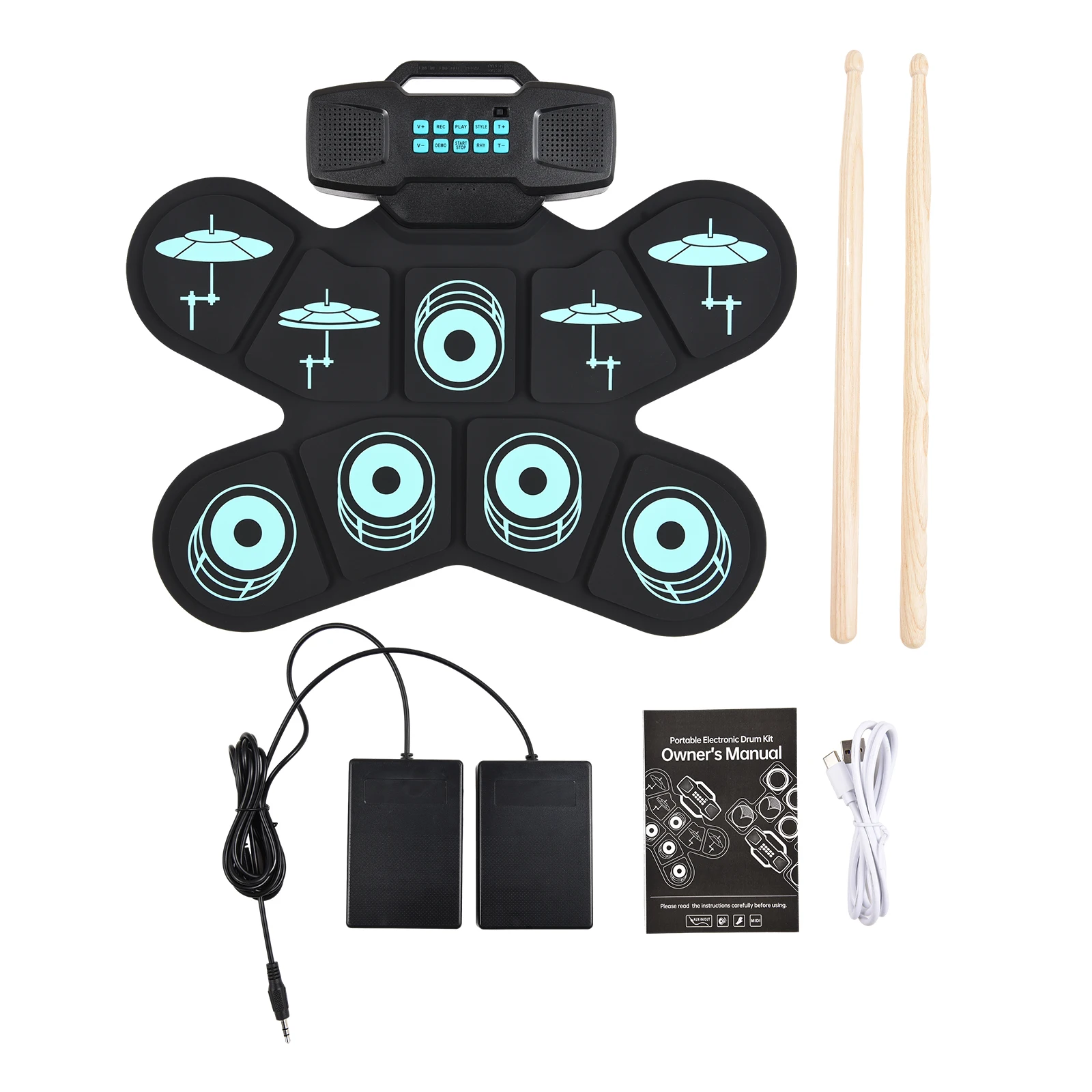 Electronic Drum Hand Roll Drum Set 9 Pads Dual Speaker Rechargeable Birthday Gift Practice Pad Drum with Drumsticks Foot Pedal