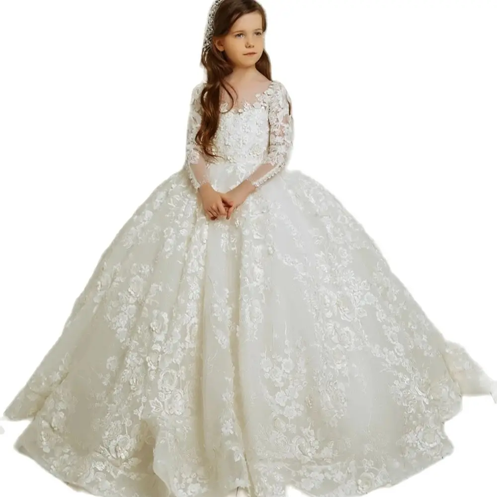 Luxurious Ivory Long Sleeve Flower Girl Dresses For Wedding Prom Party Girls Lace Floral Appliques Pageant Gowns