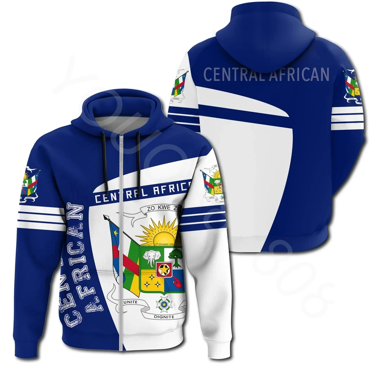 

Africa Zone Clothing Men's Casual Fashion Hair Over Style Printed Zip-Up Hoodie - Central African Republic Zip-Up Hoodie