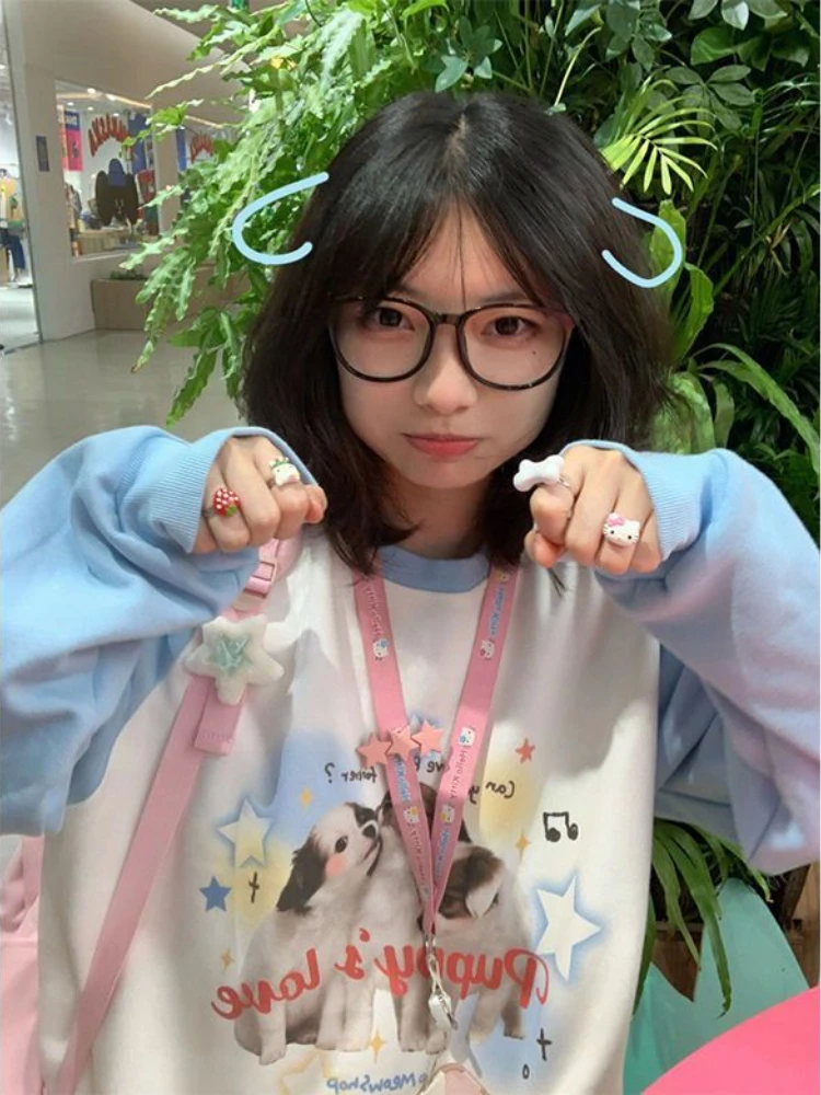 Deeptown Harajuku Kawaii Animal Print Hoodies Women Vintage Oversized Patchwork Sweatshirts Loose Casual Cute Tops Y2K E-girl