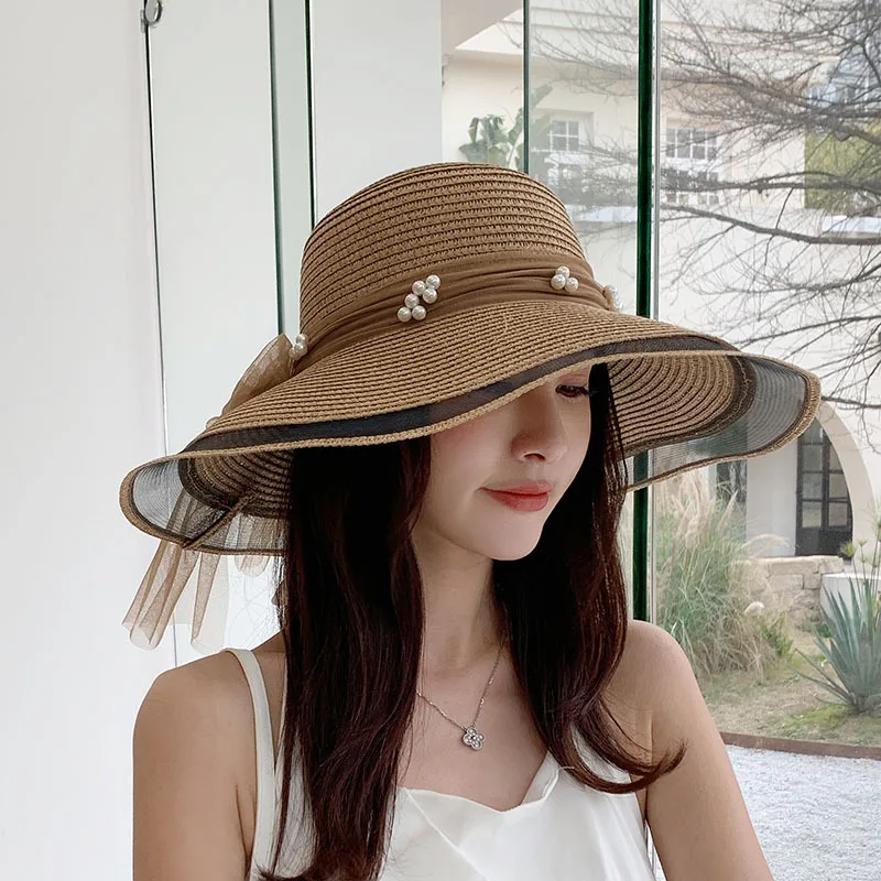 Pearl Straw Hat Women's Summer Beach Travel Sunshade Vacation Sun