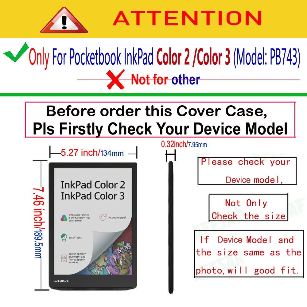 Smart Cover for PocketBook InkPad Color 3 and 2 Ebook Reader PB743 Flip Leather Case Magnetic Closured Protective Pouch Cases ereader cover ereader case