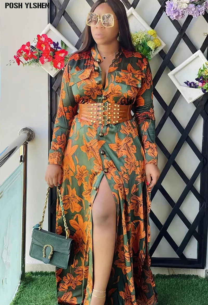 Wide Belt African Long Dresses for Women 2023 Traditional Nigeria Flower  Print Caftan Dress Abaya Musulman Robe Femme Clothes - AliExpress 200000532