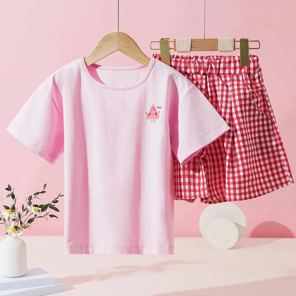 

Summer Kids Pink Suit for Girls Outfits Sets Teenagers Short Sleeve Shirt & Plaid Skirt Baby School Costumes 6 8 10 11 12 Years