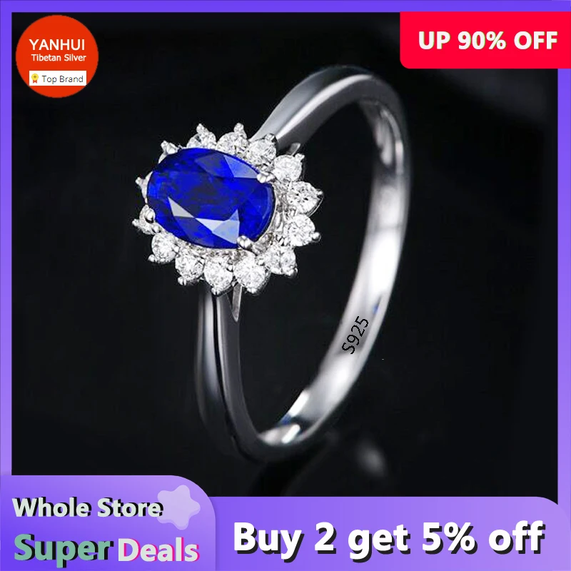 YANHUI Luxury Simulation Sapphire/Ruby Rings For Women Bride Wedding Engagement Jewelry Allergy Free White Tibetan Silver Rings