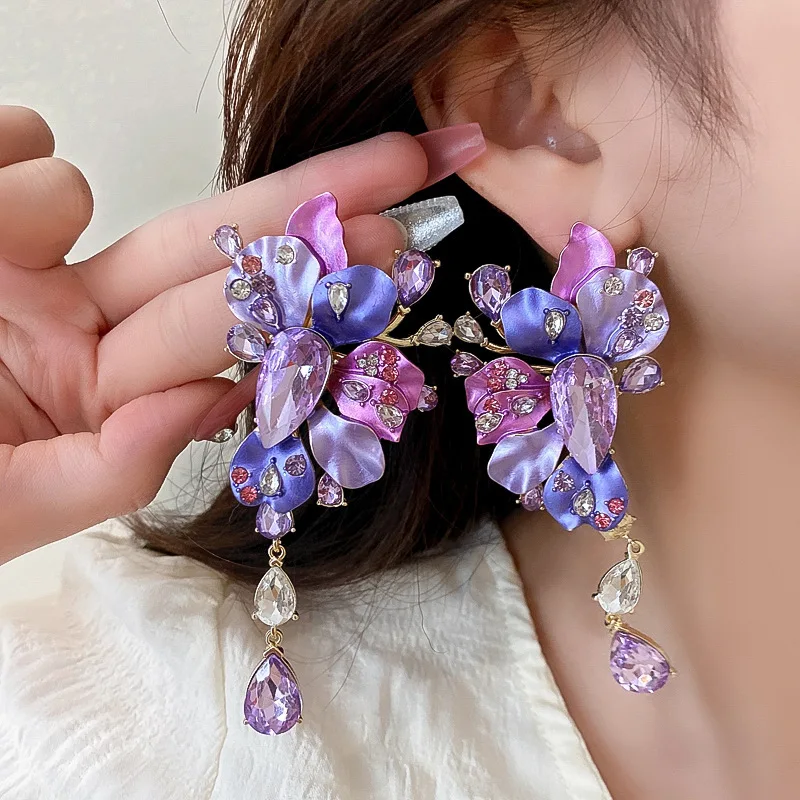 

Exaggerated Purple Rhinestone Flower Earrings for Women Jewelry 925 Silver Needle Luxury Accessories