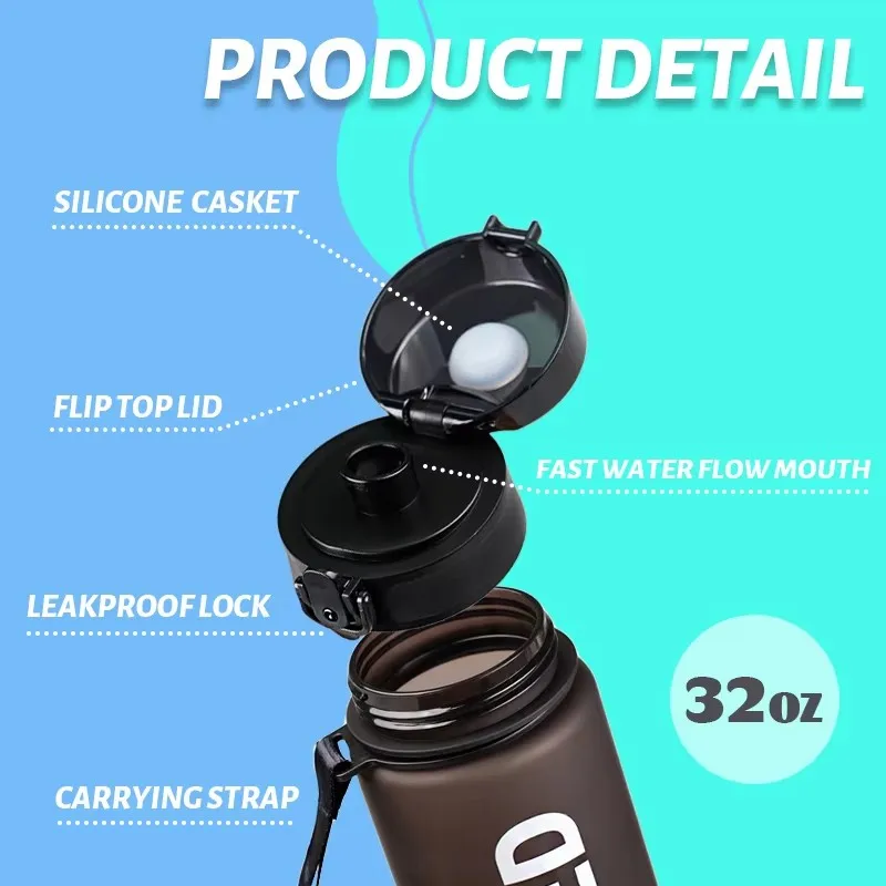 1000ml Gradient Sports Water Bottle with Time Marker - Leak-Proof & Durable