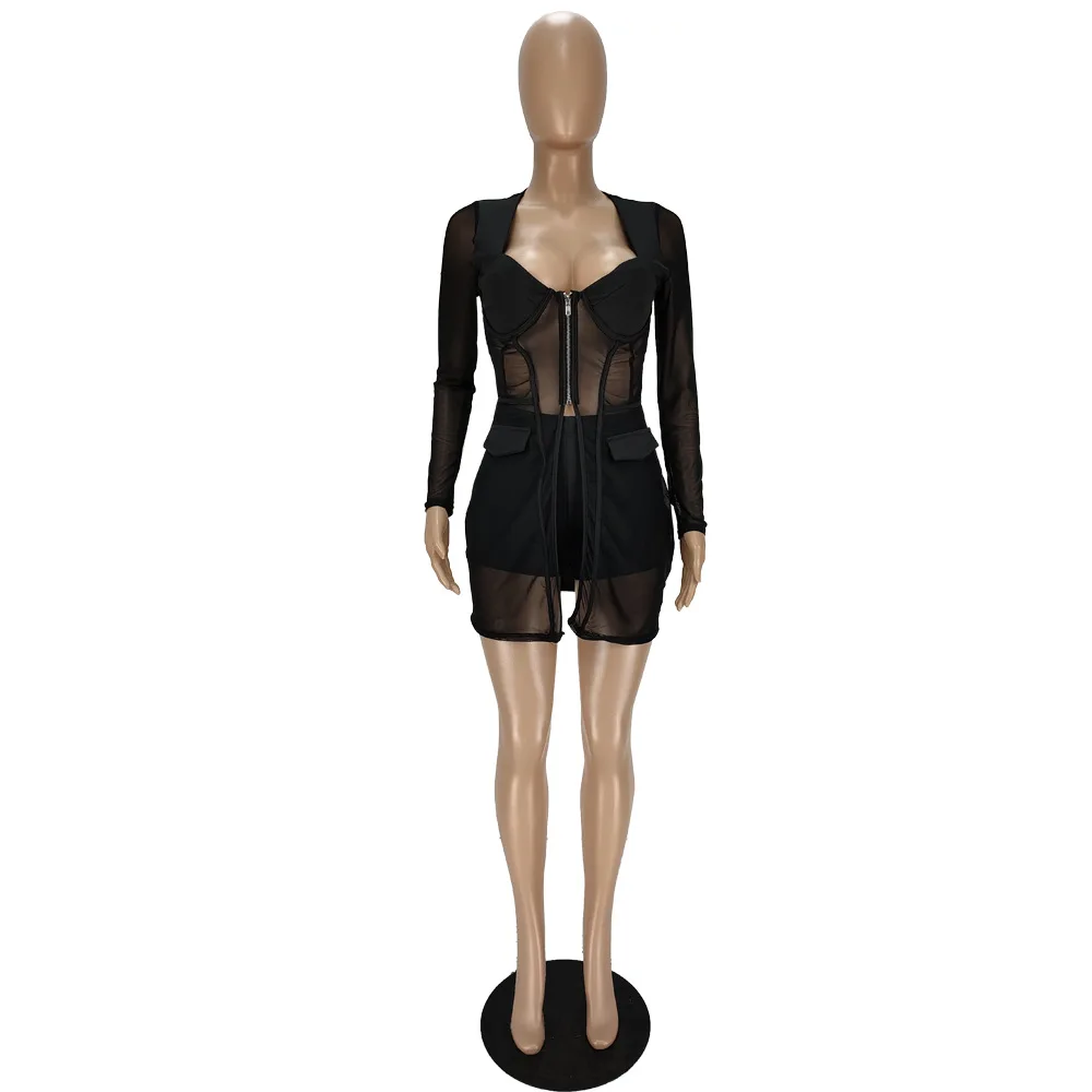 women's skirt suit sets Summer Sexy Gauze Mesh Sheer Two Piece Sets Tracksuit Womens Beach Outifits Zip Tops Black Shorts Suit Party Club Matching Set short pants suit