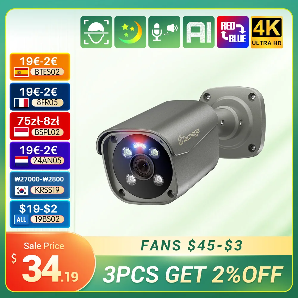 Techage Ultra HD 4K PoE IP Camera 8MP Outdoor Waterproof Security Camera Color Night Vision Face Detection for CCTV System ip camera surveillance camera wifi ip camera camera module